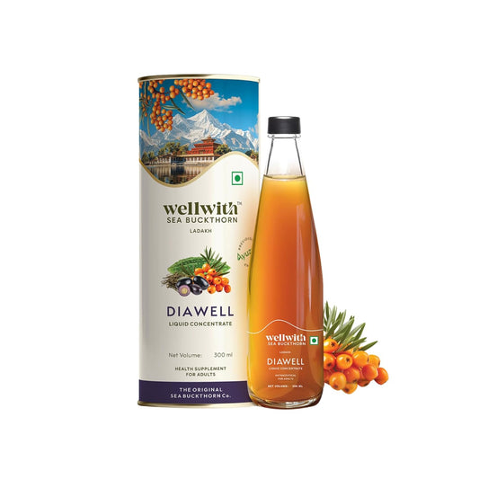 wellwith Ayuzera DiaboWin (Diawell) Karela & Jamun Diabetic Care Juice with Seabuckthorn 300ml | Chirata and Punarnava | Ayurvedic | Makes Upto 50 Glass Juice (300ml, Pack of 1)