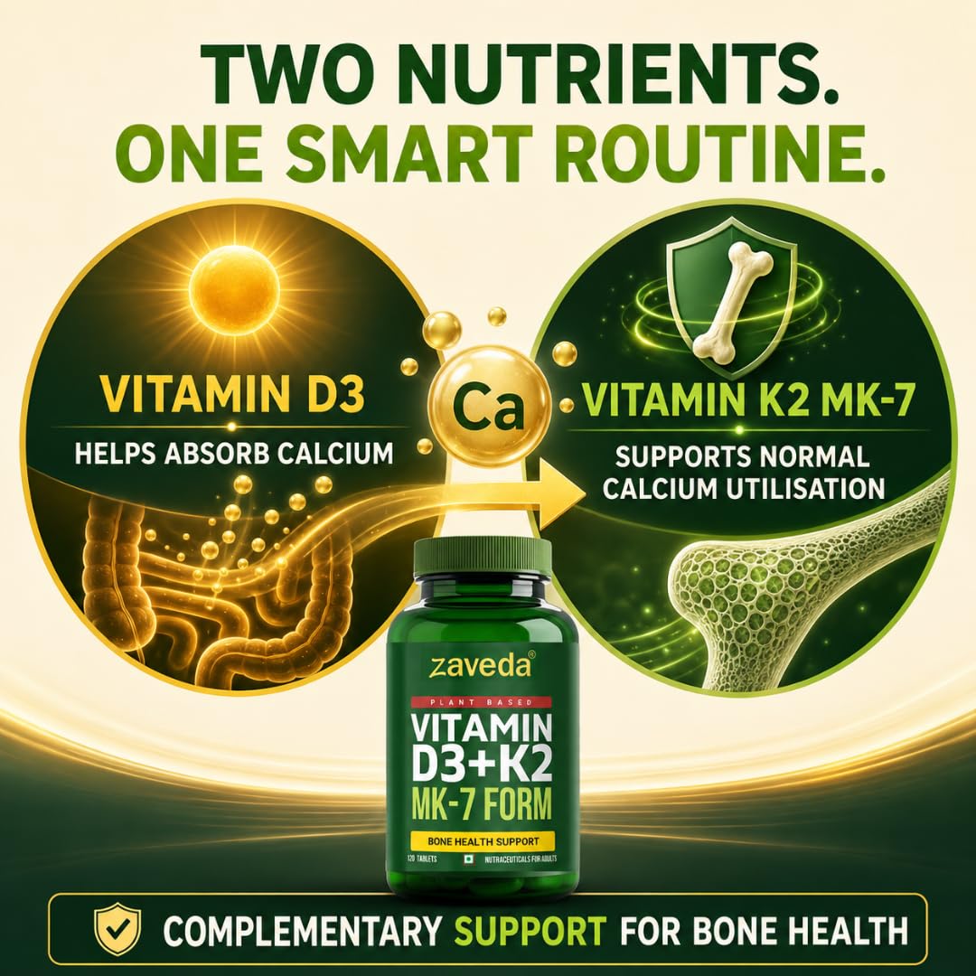 Zaveda Vitamin D3 K2 Supplement, 120 Veg Tablets Plant-Based D3 600 IU + K2 MK7, Supports Bone Strength, Calcium Absorption & Heart Health, Premium Daily Wellness