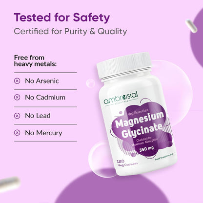 Bottle of Ambrosial Magnesium Glycinate on a purple background with safety certification text.