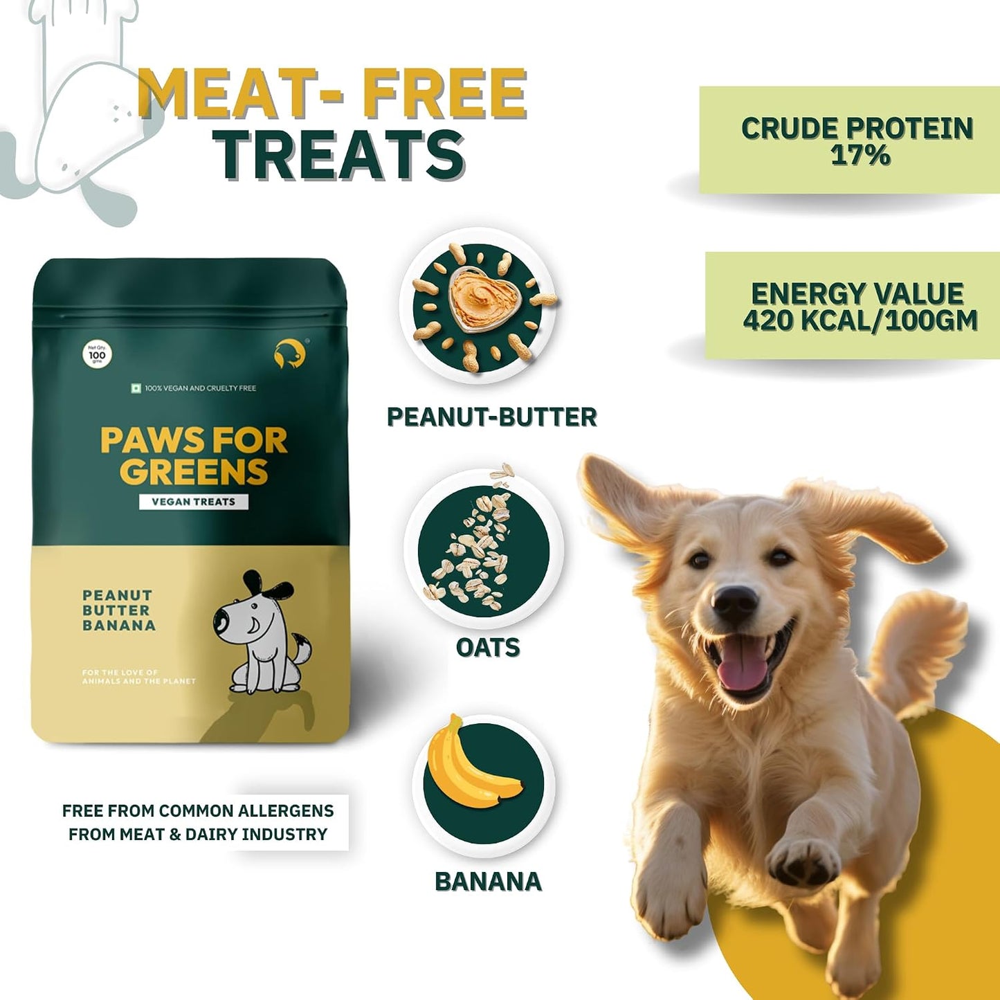 PAWS FOR GREENS Vegan Dog Treats, 100% Natural Plant-Based & Gluten-Free Crunchy Biscuits, Healthy Meat-Free Snacks for Dogs, Vegetarian Training Treats for All Breeds, 100g