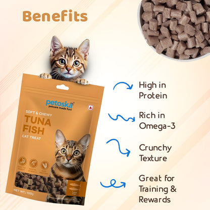 Petoska Tuna Fish Cat Treats –100g | Air-Dried Real Tuna Bites with Taurine & Omega-3 | Chewy High-Protein Snack for Shiny Fur, Lean Muscles & Joint Strength | for Kittens & Adult Cats