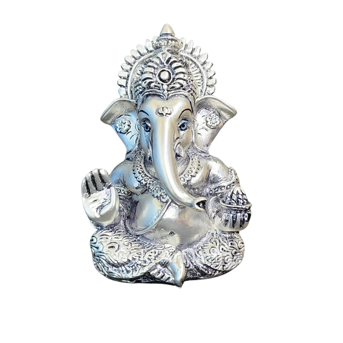 Gold Art India Silver Plated Antique Mukut Ganesha, Versatile Decor for Car Dashboard, Office, Home, and Puja, Ideal Gift for Celebrations (MUKUTSILVERBLACKANTIQUE 3.5")