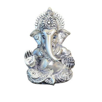 Gold Art India Silver Plated Antique Mukut Ganesha, Versatile Decor for Car Dashboard, Office, Home, and Puja, Ideal Gift for Celebrations (MUKUTSILVERBLACKANTIQUE 3.5")