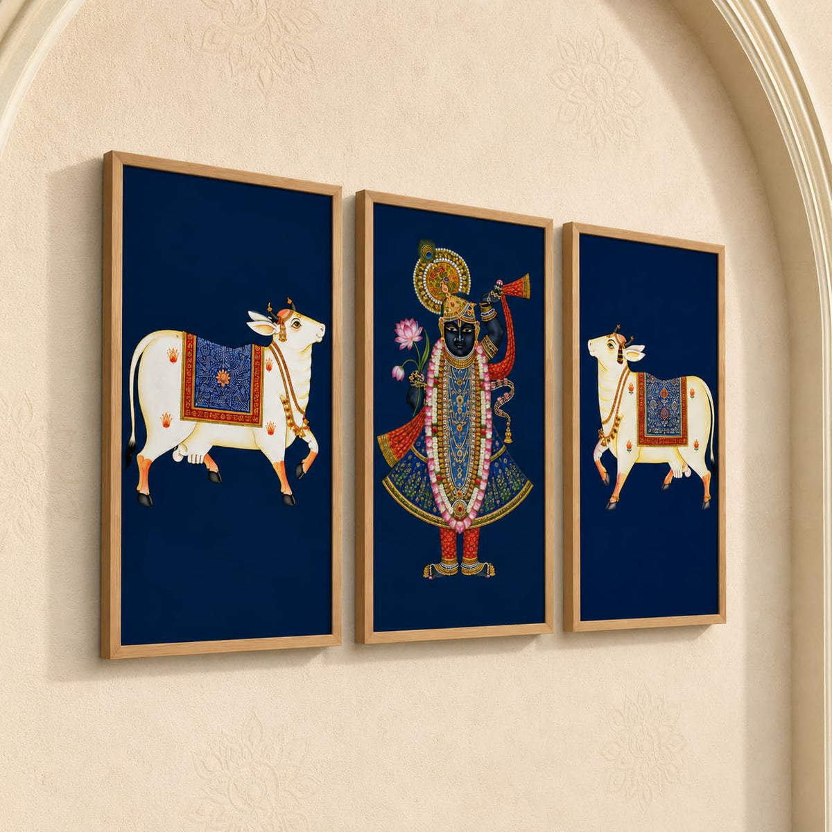 Set of 3 Shrinathji Cow Pichwai Wall Paintings with Sparkle Laminate, Premium Wooden Synthetic Frame, Krishna Religious Art for Living Room Pooja Decor