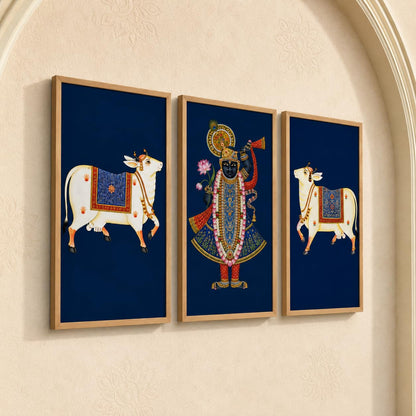 Set of 3 Shrinathji Cow Pichwai Wall Paintings with Sparkle Laminate, Premium Wooden Synthetic Frame, Krishna Religious Art for Living Room Pooja Decor
