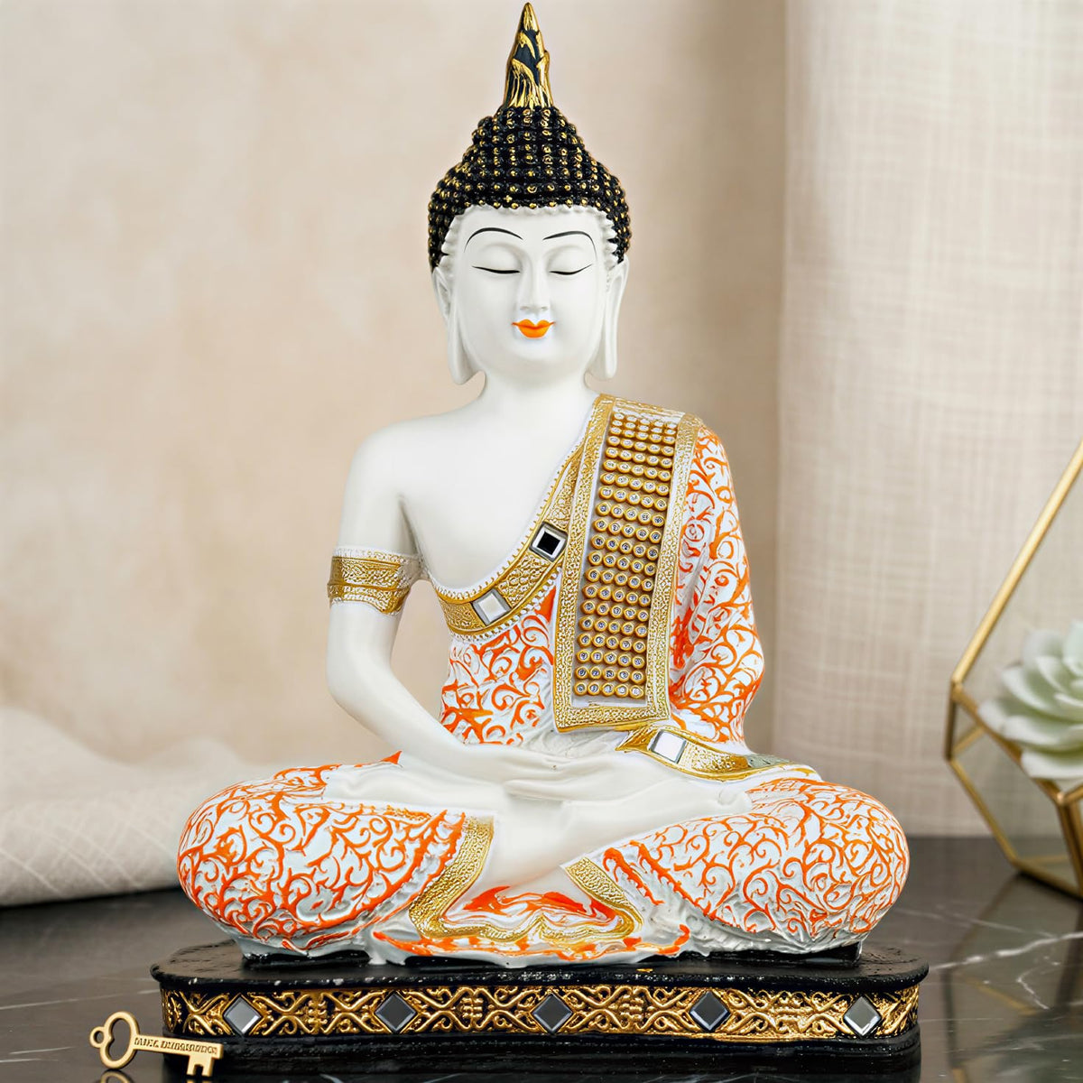 New Limited Edition 25 Centimetre Meditating Sitting Buddha Idol Statue showpiece Home Decor Decoration Items for Living Room and Gifts (Orange1 White)