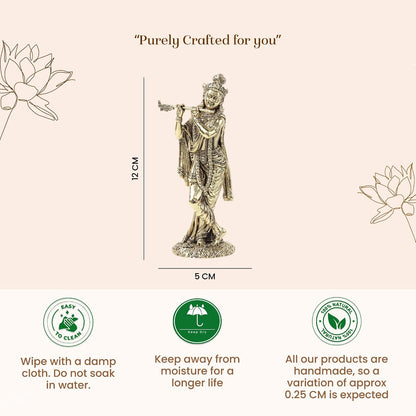 Handcrafted Brass Krishna Murti | Divine Flute-Playing Lord Krishna Idol for Home Temple & Spiritual Decor (Design02: L5 x W4 x H12 cm)