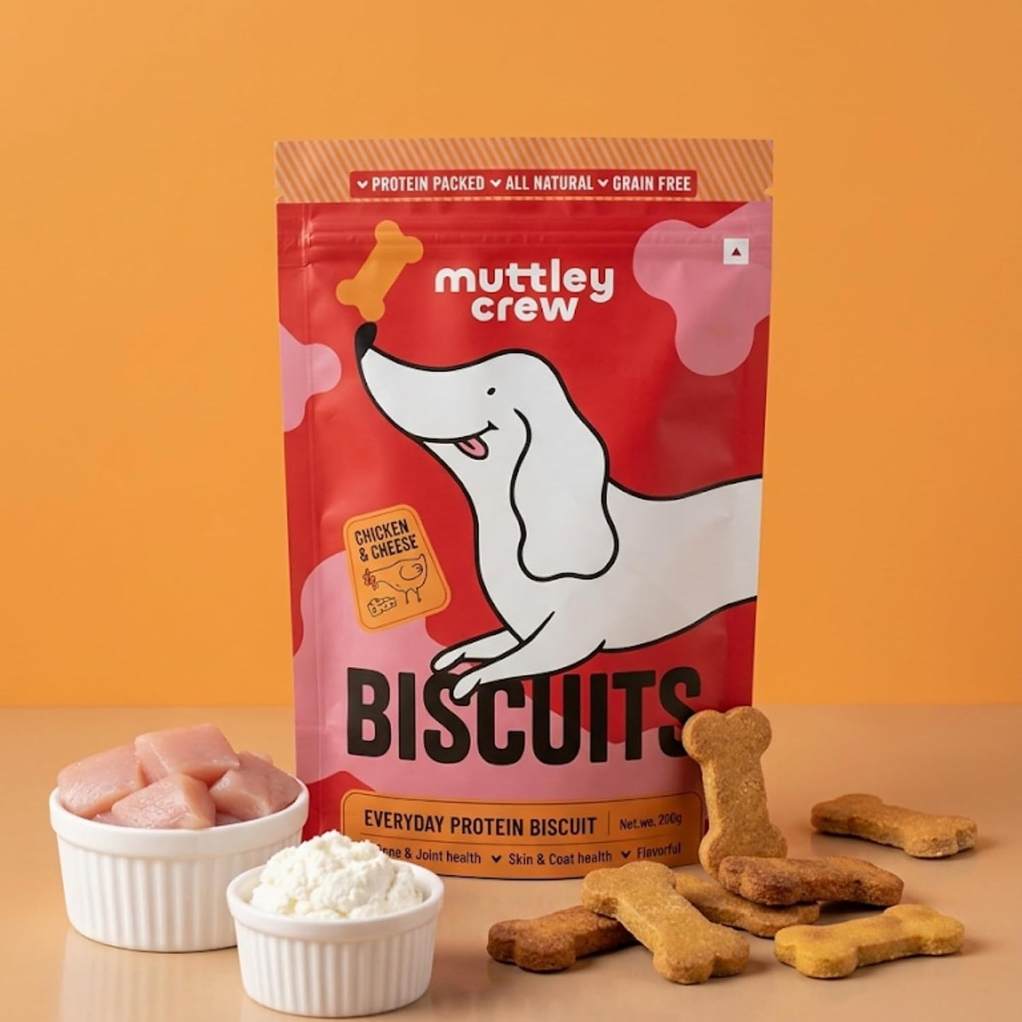 Muttley Crew Dog Biscuits with Real Chicken & Cheese | Healthy Adult Dog Treats for Easy Digestion | All Natural | Grain-Free | Gluten-Free | No Artifical Preservatives | No Added Flavour (200g)