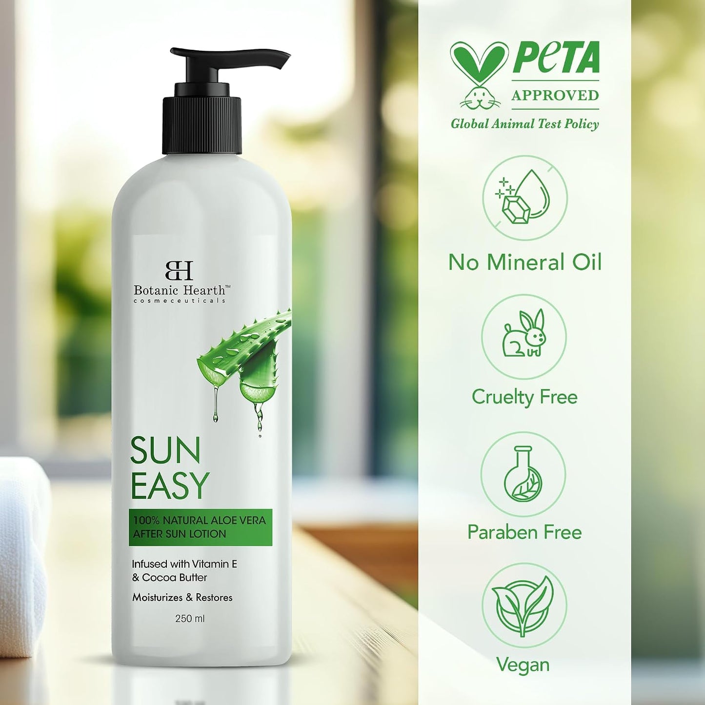 Botanic Hearth Sun Easy 100% Natural Aloe Vera After Sun Lotion, 250 ml - Soothing & Hydrating Sunburn Relief, Non-Greasy Formula Men & Women