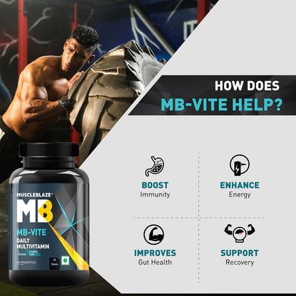 MuscleBlaze MB-Vite Daily Multivitamin (60 Tablets) | With 51 Ingredients & 6 Blends, Vitamins & Minerals, Prebiotic & Probiotics, Amino Acid Blends | For Energy, Stamina & Recovery
