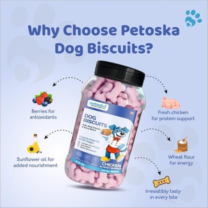 Petoska Chicken & Mixed Berries Dog Biscuits for Small, Medium & Large Breeds|500g Jar| Real Chicken & Berry Blend Treats | Crunchy Dog Food Biscuits