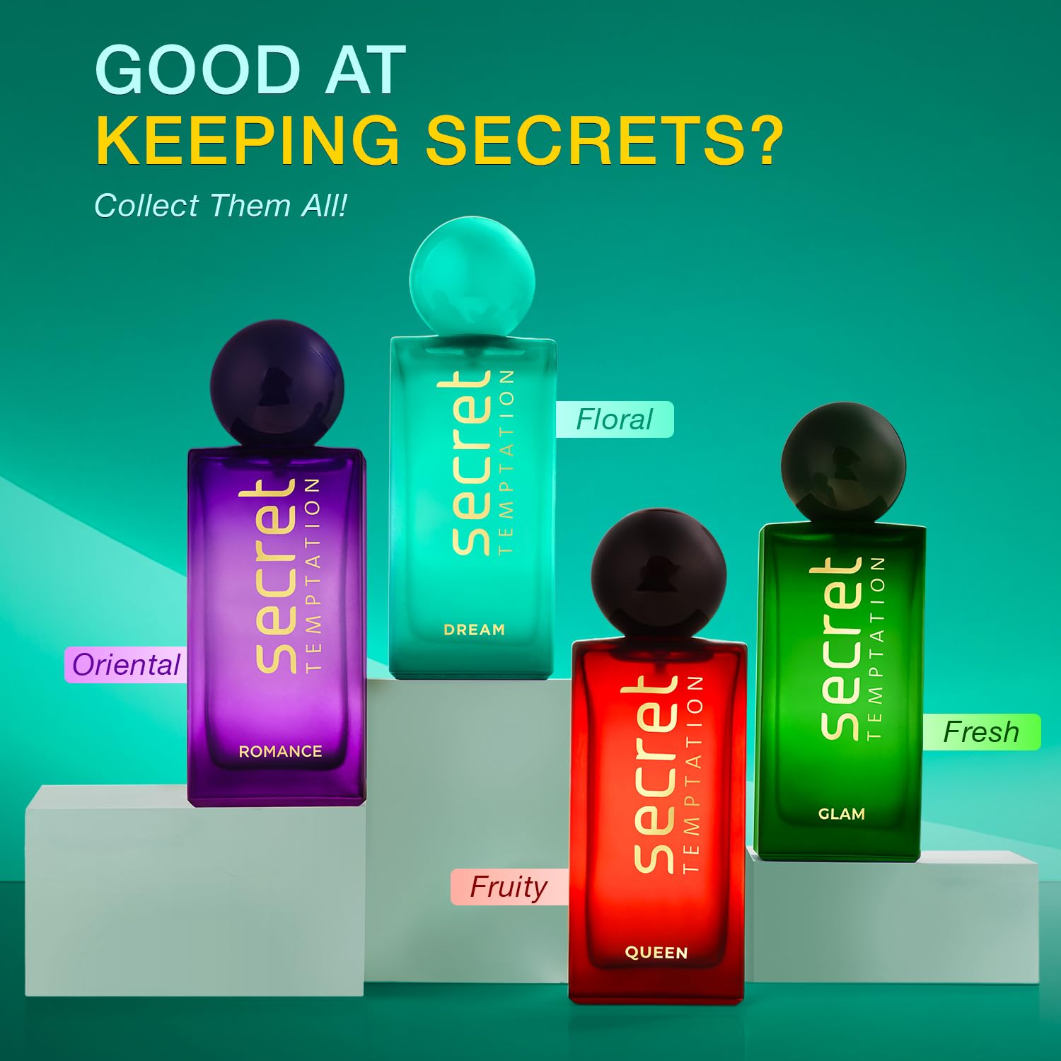 Four Secret Temptation perfume bottles on a green background with text about keeping secrets.