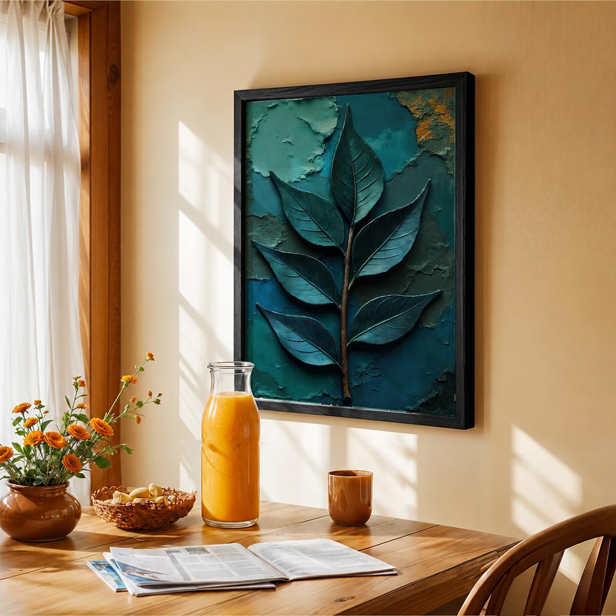 Botanical Leaf Wall Painting with Frame Set of 1 | Premium Textured Teal Green Leaf Artwork, Modern Nature Inspired Wall Decor for Living Room, Bedroom, Office and Home Decoration (Art-18,13x19inch)