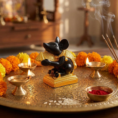 Mushak Raj Idol for Ganesh Chaturthi Pooja - (Resin, 6 cm) | Mouse Statue with Modak | Ganesh Ji Vahan Decorative Murti | Home Temple Decor | Vastu Showpiece | Gift for Festival & Office