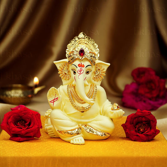 Ganesh Idol for Car Dashboard, Home Decor | Ganpati Idol for Cars, Home, Office Desk (Ivory)
