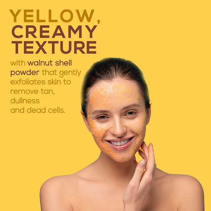 Woman with a yellow, creamy texture on her face against a yellow background