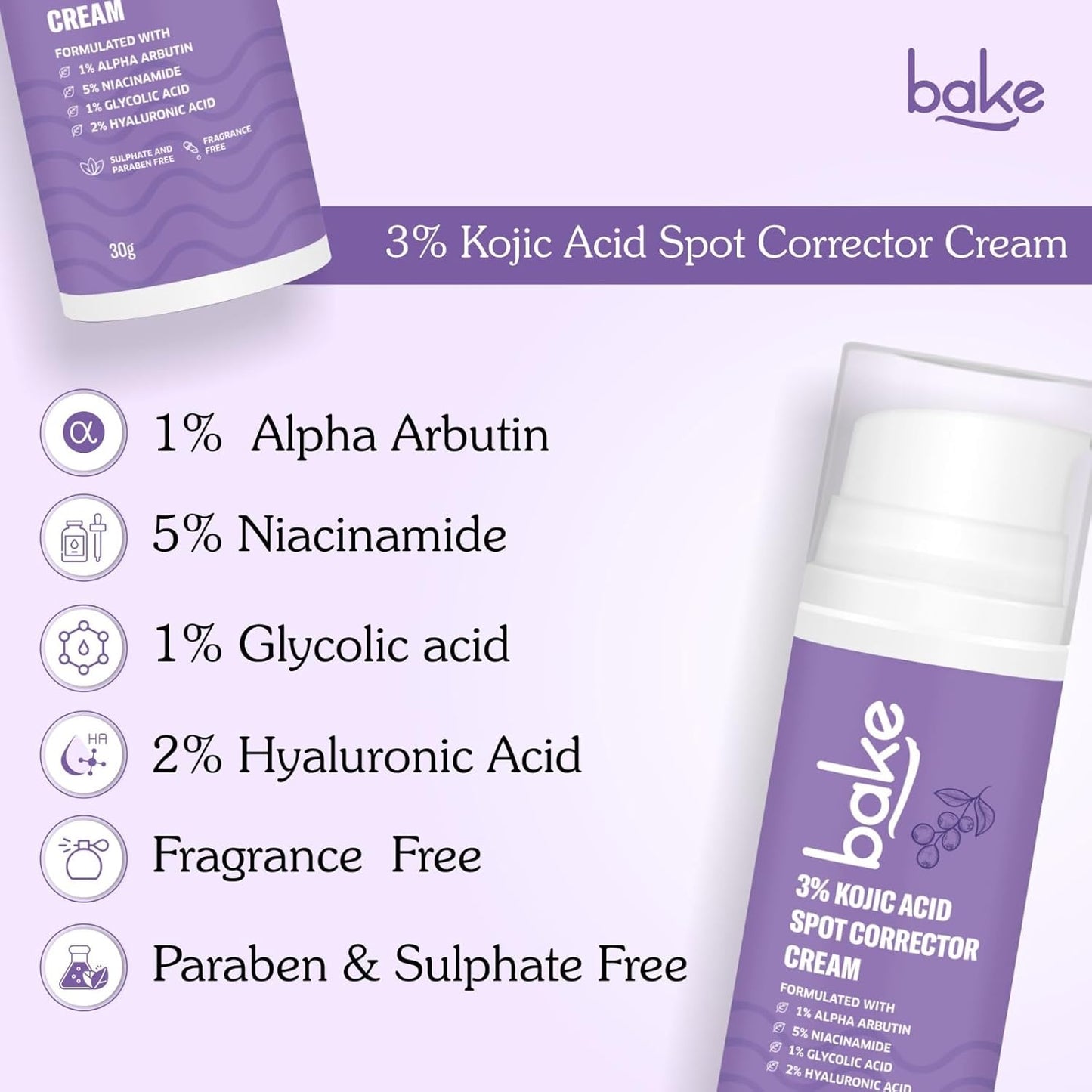 BAKE 3% Kojic Acid Spot Corrector Cream with Alpha Arbutin for Pigmentation, Dark Spots, Under Eye Circles & Even Skin Tone – 30g