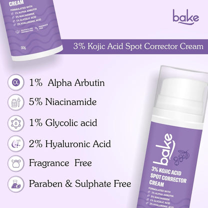 BAKE 3% Kojic Acid Spot Corrector Cream with Alpha Arbutin for Pigmentation, Dark Spots, Under Eye Circles & Even Skin Tone – 30g