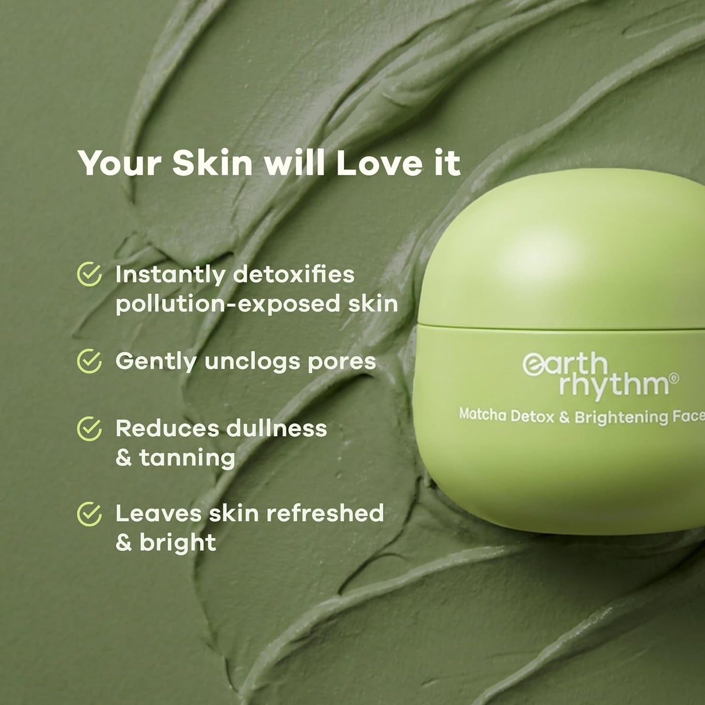 Earth Rhythm Matcha Face Mask Brightens & Detoxifies Skin with Matcha Green Tea & Glutathione for Oily, Combination & Dull Skin - 50gm
