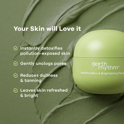 Earth Rhythm Matcha Face Mask Brightens & Detoxifies Skin with Matcha Green Tea & Glutathione for Oily, Combination & Dull Skin - 50gm