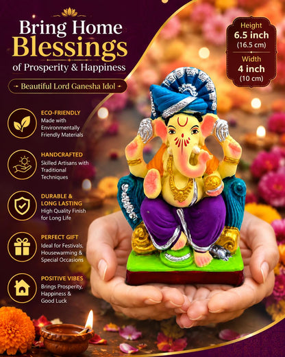 DORAYA EARTH CREATION Clay Ganpati Murti Handmade Eco-Friendly Multicolour Ganesh Idol for Home Temple, Ghar Pooja, Ganesh Chaturthi Decoration, Office Desk & Festive Gift | 6.5 Inch (6 INCH)