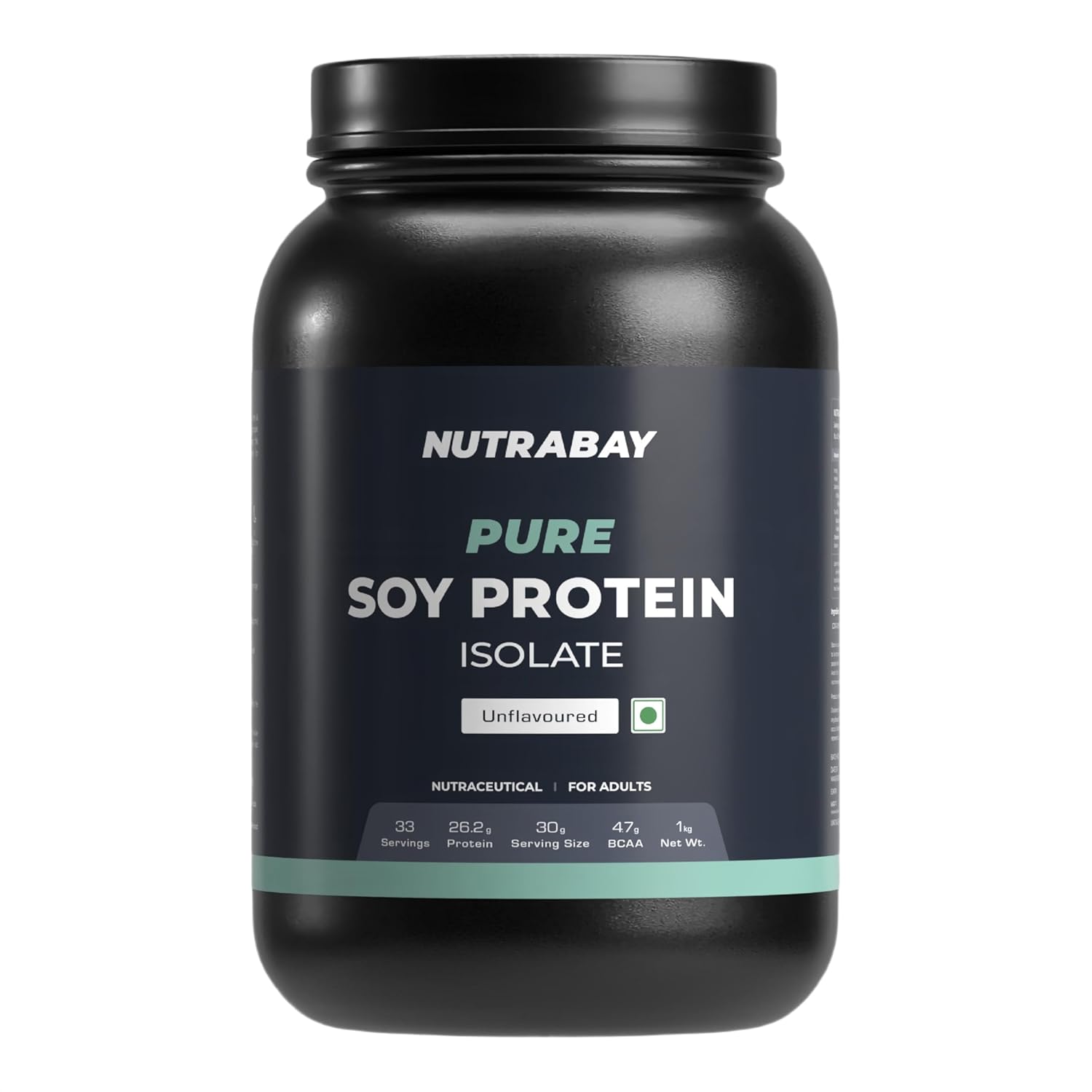 Black container of Nutrabay Pure Soy Protein Isolate on a white background