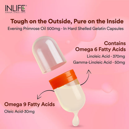INLIFE Evening Primrose Oil Capsules 500mg | 10% Gamma Lionlenic Acid | Supplement for Hair and Skin - 60 Liquid Filled Capsules (Pack of 1)