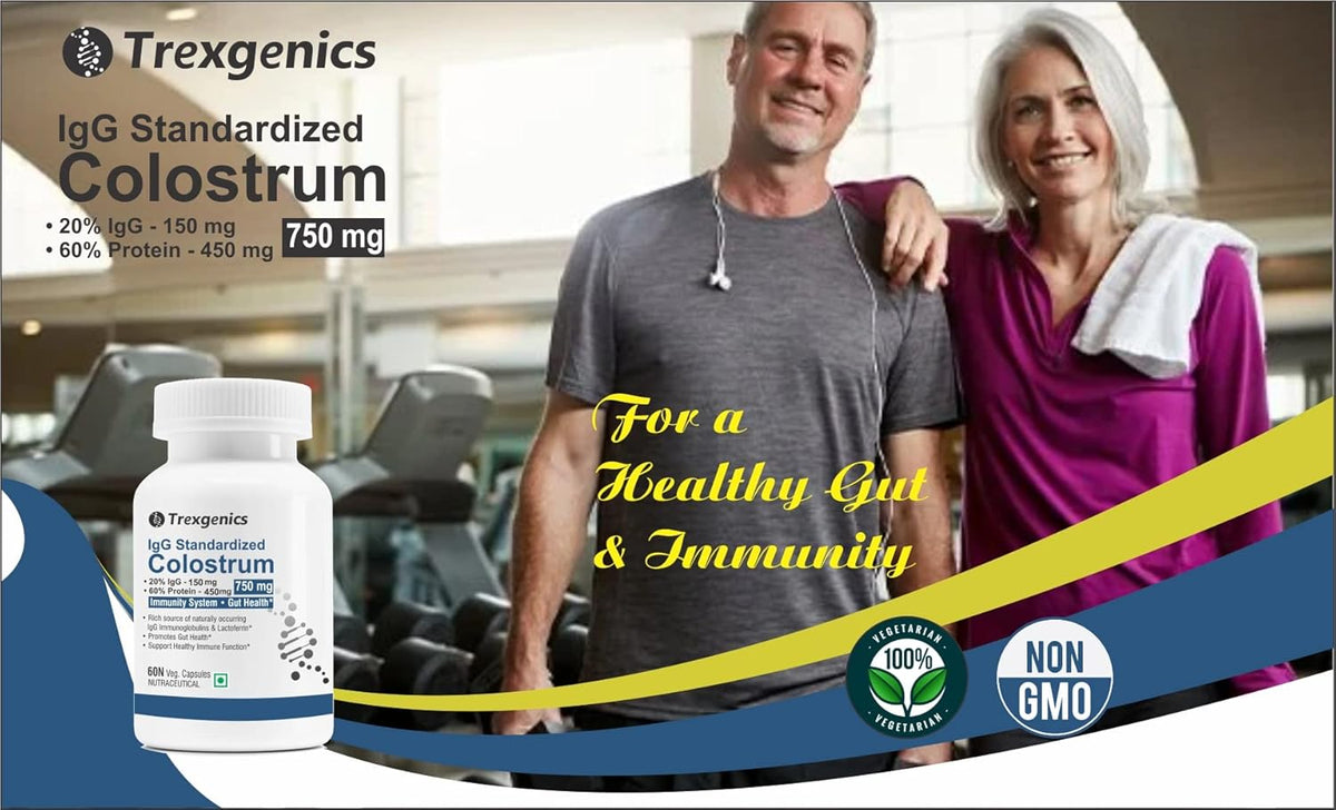 Advertisement for Trexigenics IgG Standardized Colostrum with a couple in a gym setting.
