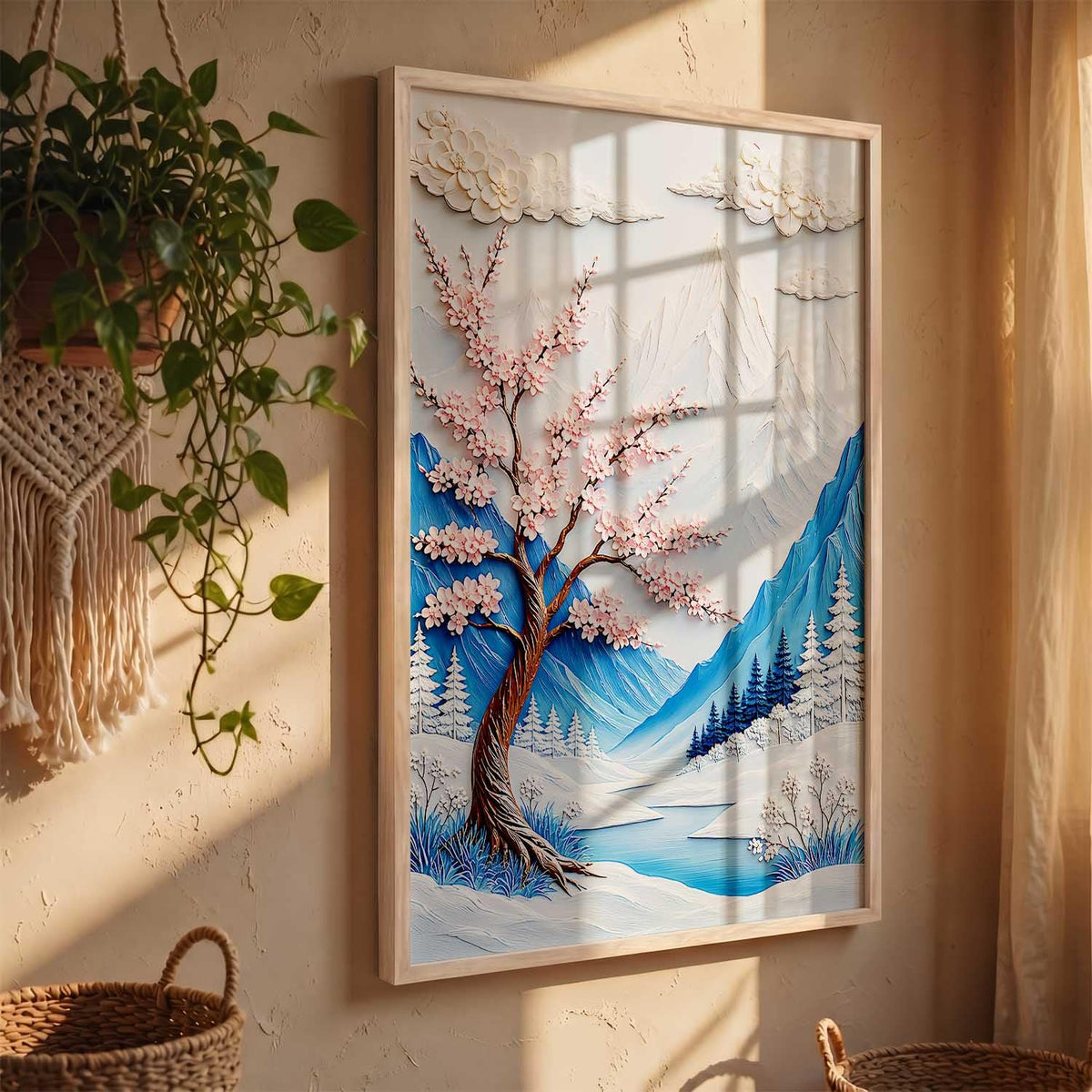 Aesthetic Flower Art Painting with Frame | Mountain Wall Painting With Frame | Textured Digital Reprint For Home Decor Living Room Bedroom Wall Decor Set of 1 Size (13X17 INCH)