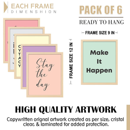 Aesthetic Motivational Quote Frames For Living Room, Bedroom, Multicolor, Inspirational Natural Posters Frame Wood Color Frames, 12.0 x 9.0 inch, Set of 6