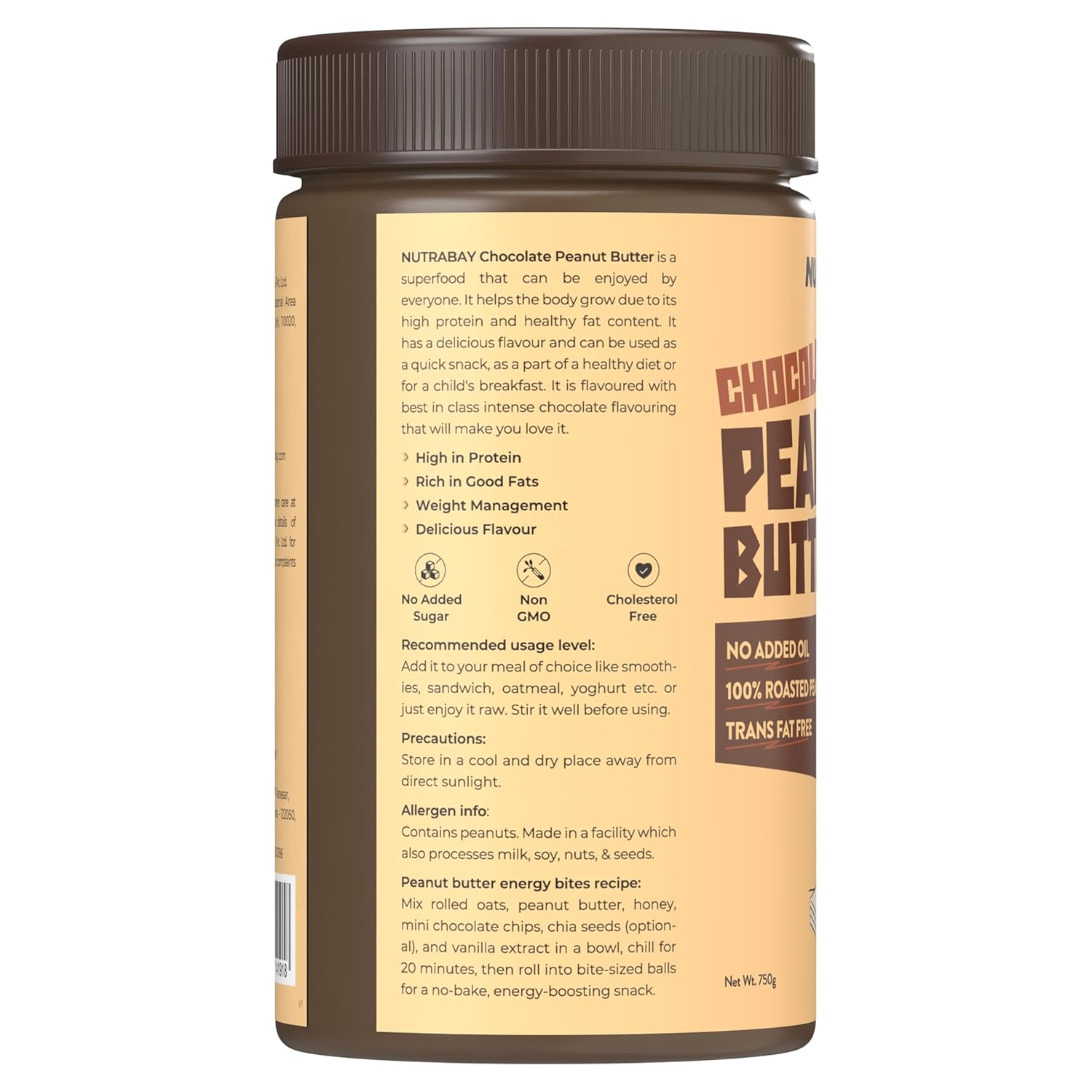 Jar of Nutribay Chocolate Peanut Butter with a brown lid on a white background