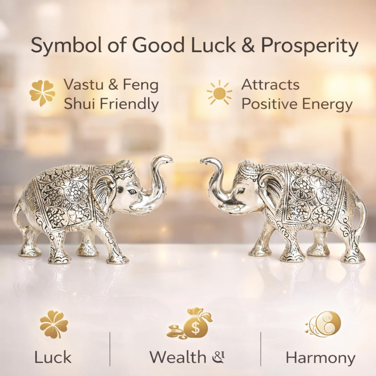 Kalakriti Metal Elephant Statue Small Silver 2 pcs Set Enhance Your Home Car Office Table Article | Animal Decorative Showpiece Figurines for Best Gifting