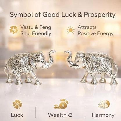 Kalakriti Metal Elephant Statue Small Silver 2 pcs Set Enhance Your Home Car Office Table Article | Animal Decorative Showpiece Figurines for Best Gifting