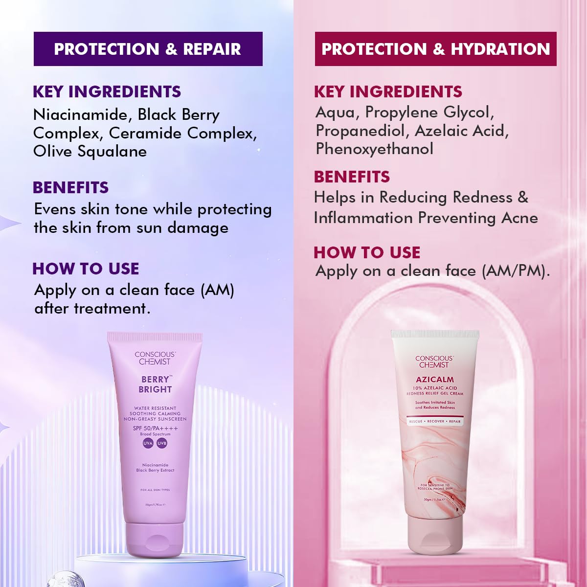 Conscious Chemist® Sunscreen & Azelaic Acid Cream Combo | SPF 50 PA++++ In-Vivo Tested | Sunscreen with Niacinamide & Blackberry | 10% Azelaic Acid Face Cream for Acne-Prone Skin, Redness Relief | All Skin Types - Berry Bright & Azicalm