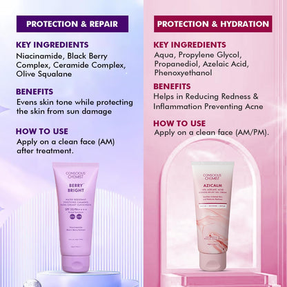 Conscious Chemist® Sunscreen & Azelaic Acid Cream Combo | SPF 50 PA++++ In-Vivo Tested | Sunscreen with Niacinamide & Blackberry | 10% Azelaic Acid Face Cream for Acne-Prone Skin, Redness Relief | All Skin Types - Berry Bright & Azicalm