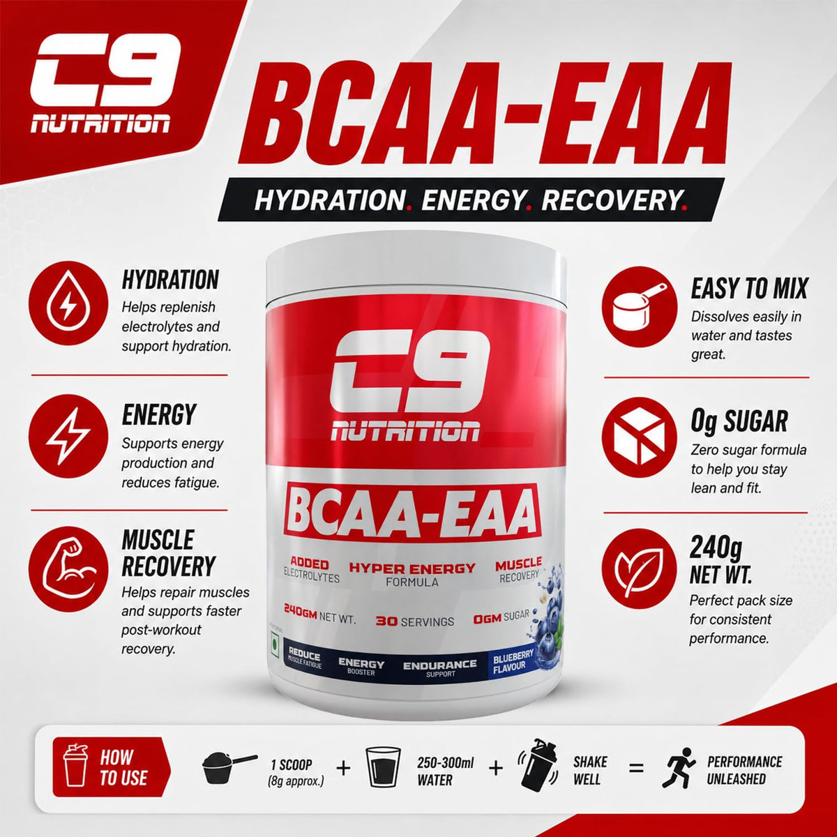 C9 NUTRITION BCAA EAA Powder with 5000mg BCAA, 9000mg EAA & 500mg L-Arginine | Sugar-Free Amino Acid Supplement with Electrolytes for Workout & Muscle Recovery | 30 Servings, Blueberry Flavour