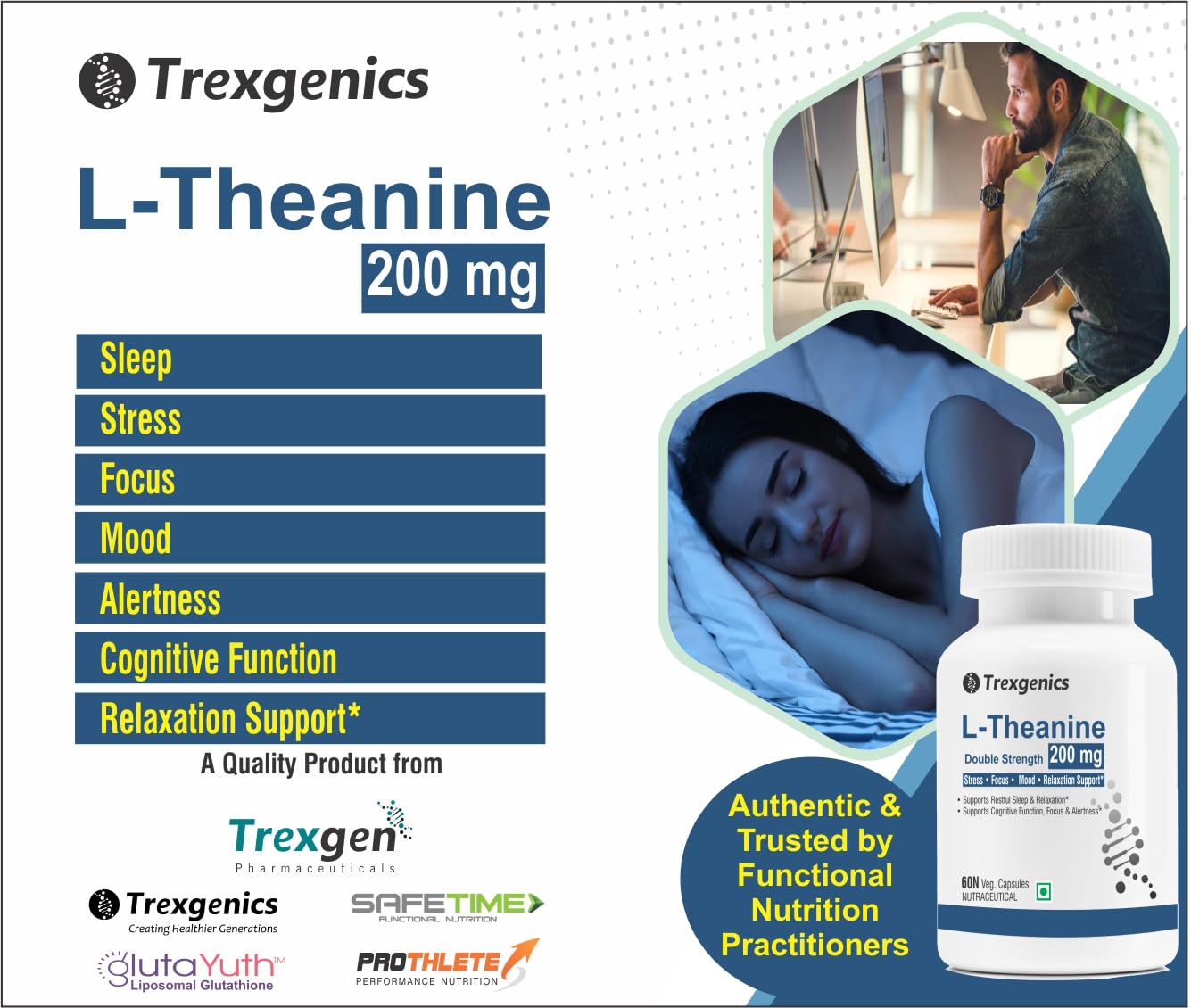Trexgenics L-THEANINE 200 mg, Double strength Stress, Focus, Mood, Relaxation Support (60 Veg Capsules)