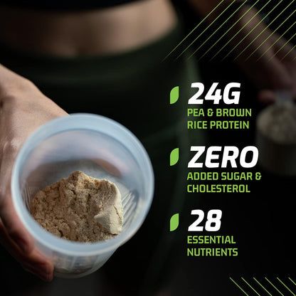Container of protein powder with nutritional information text on a dark background
