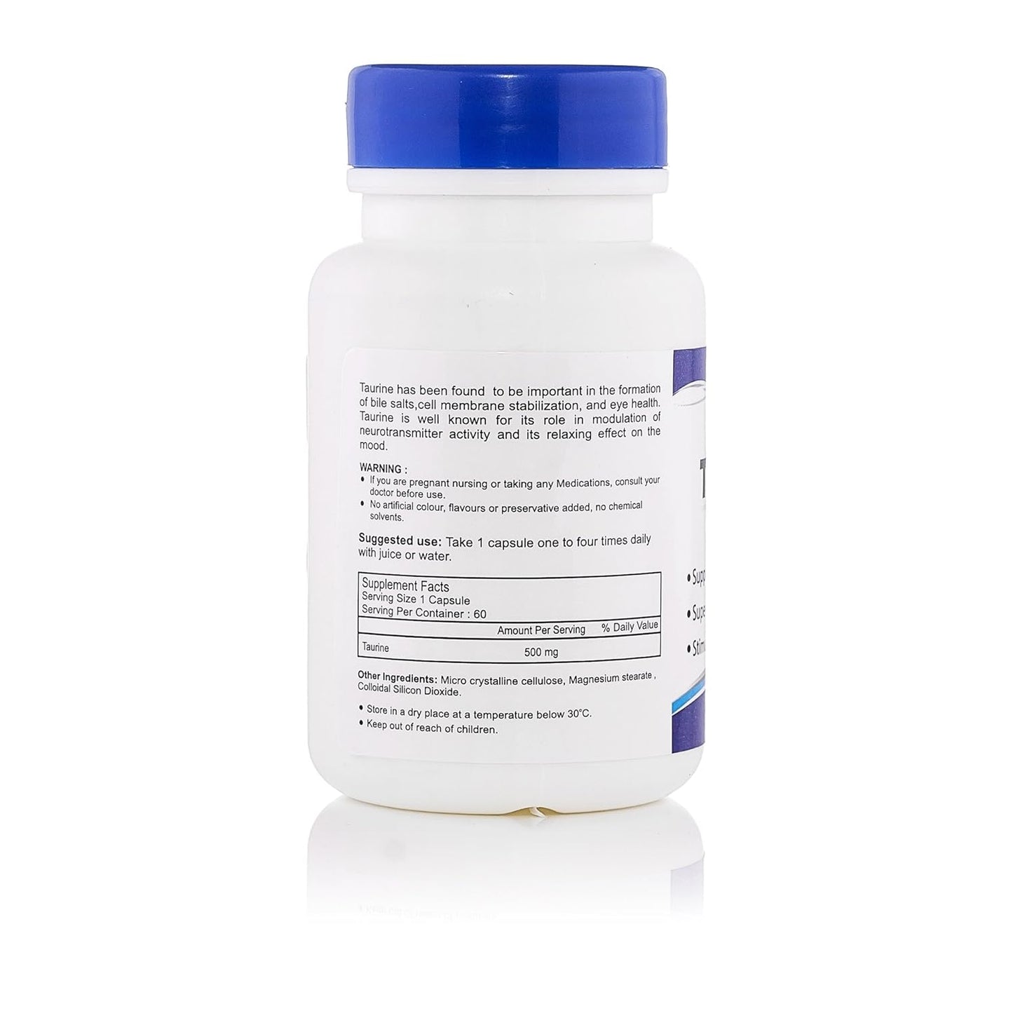 Supplement bottle with blue cap and label on a white background
