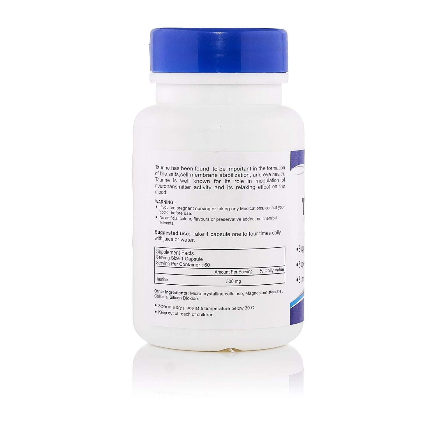 Supplement bottle with blue cap and label on a white background