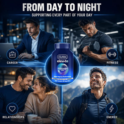 Durex Elevate Performa Capsules for Men | Ashwagandha KSM-66 Purified Shilajit & Supplement | Supports Strength & Stamina | 30 Capsules
