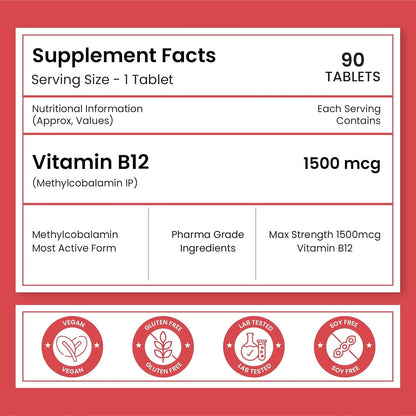 Vlado's Himalayan Organics Methylcobalamin Vitamin B12 1500mcg Supplement for Men & Women - 90 Veg Tablets