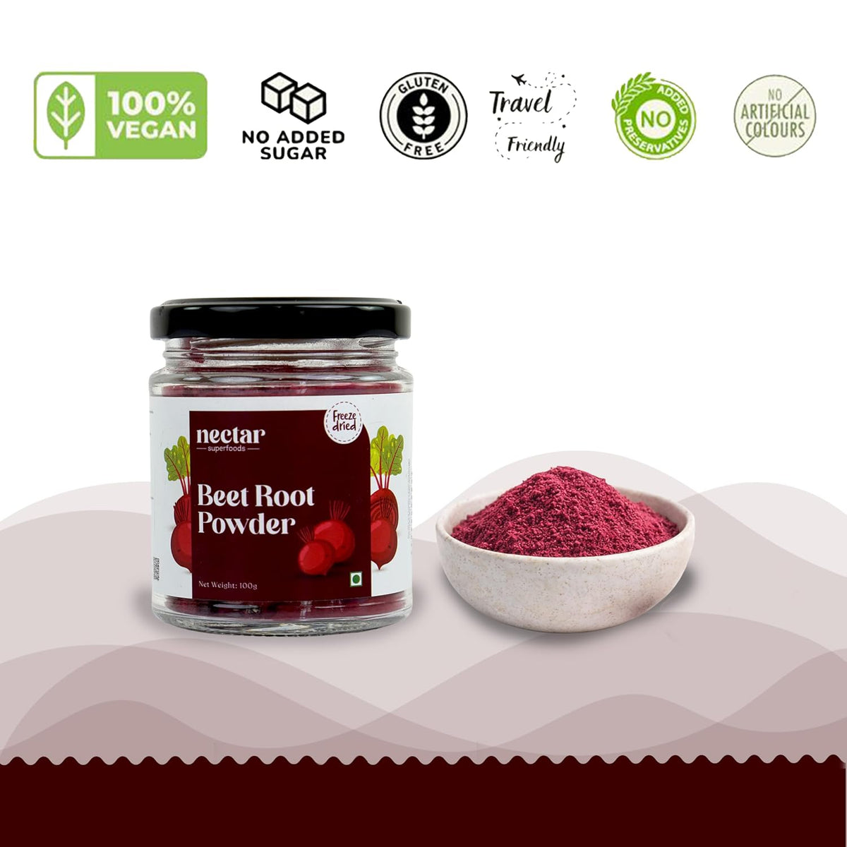 Nectar Superfoods Freeze Dried Beet Root Powder- 100 grams Jar-Pack of 1 Nos 100% Natural | No Added Sugar, Preservative-Free & Vegan | Processed in India