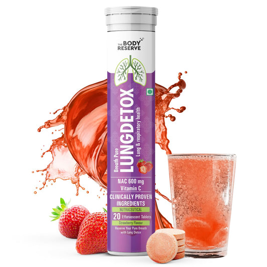 Body Reserve Lung Detox supplement with strawberries and a glass of red liquid on a white background