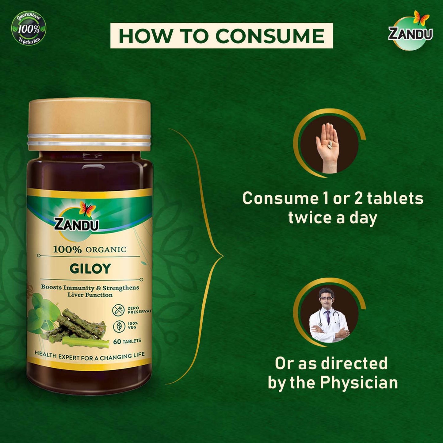 Zandu Giloy Tablets with 100% Pure Giloy Extract | Ayurvedic Immunity Booster | Protects against Infections | Improves Liver Function |100% Ayurvedic & Vegetarian (60 Tabs)