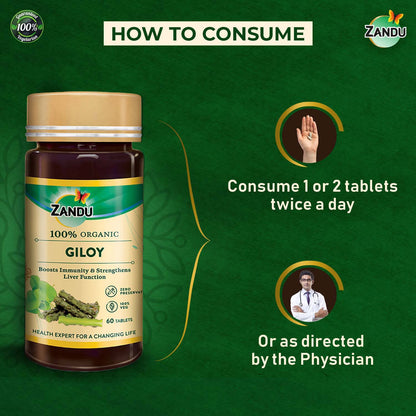 Zandu Giloy Tablets with 100% Pure Giloy Extract | Ayurvedic Immunity Booster | Protects against Infections | Improves Liver Function |100% Ayurvedic & Vegetarian (60 Tabs)