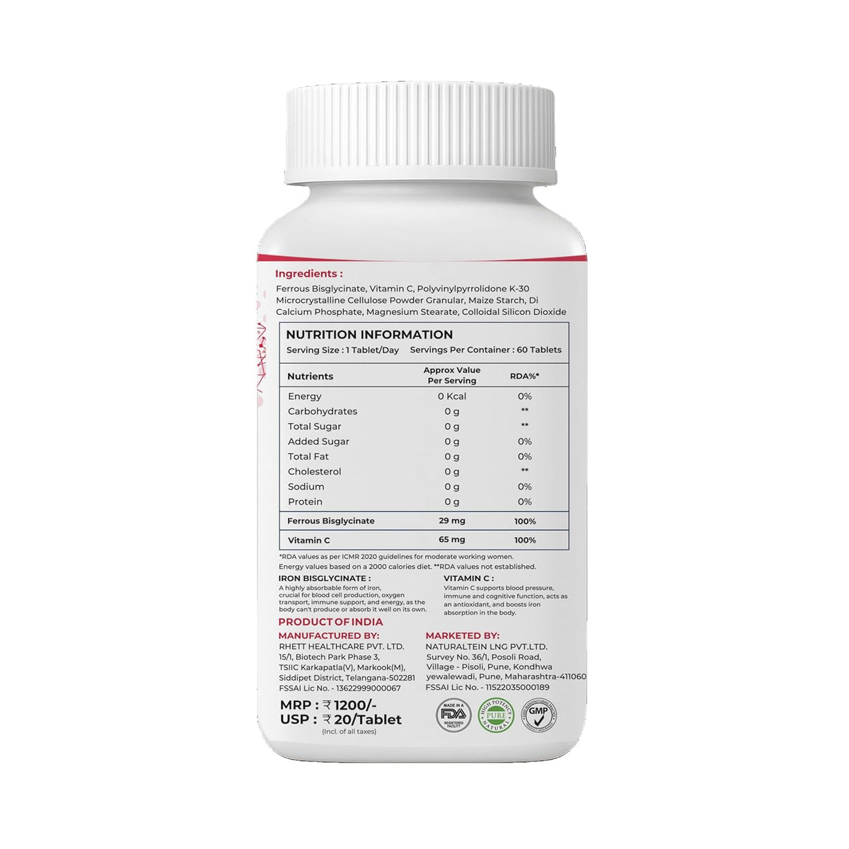 Supplement bottle with nutrition information label on a white background