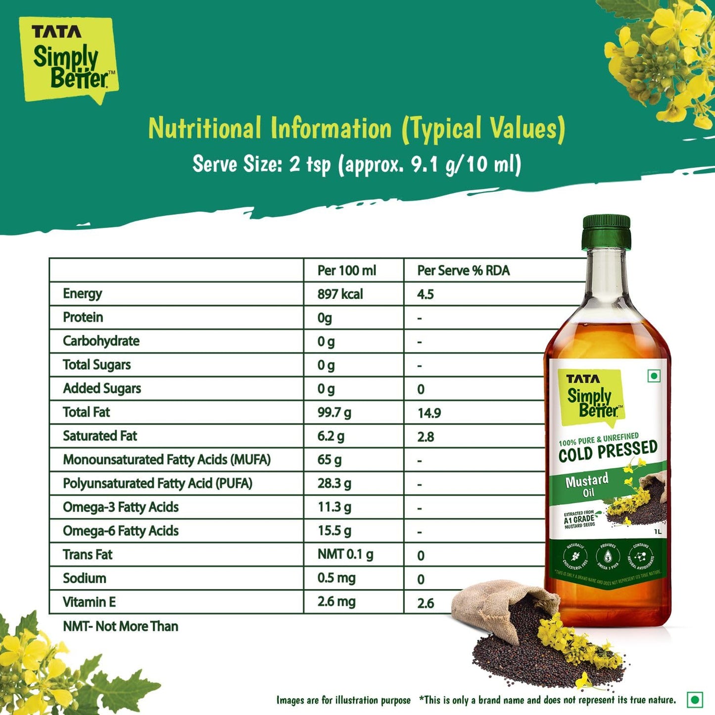 Tata Simply Better Pure & Unrefined Cold Pressed Mustard Oil,Naturally Cholesterol Free, 1L, Rich Aroma & Flavour of Real Mustard Seeds, A1 Grade Mustard Seeds