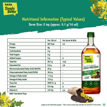 Tata Simply Better Pure & Unrefined Cold Pressed Mustard Oil,Naturally Cholesterol Free, 1L, Rich Aroma & Flavour of Real Mustard Seeds, A1 Grade Mustard Seeds