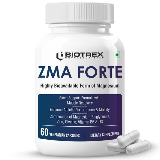 Biotrex Nutraceuticals ZMA Forte | Combination of Magnesium Bisglycinate, Zinc, Glycine, Vitamin B6 & D3 | Highly Bioavailable Form of Magnesium | Sleep Support Formula with Muscle Recovery | Enhances Atheletic Performance & Motility - 60 Veg Capsules